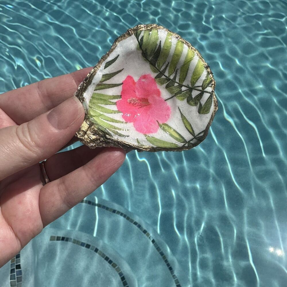 Jewelry Trinket Dish Decoupaged Oyster Shell Floral Hibiscus Flower Theme